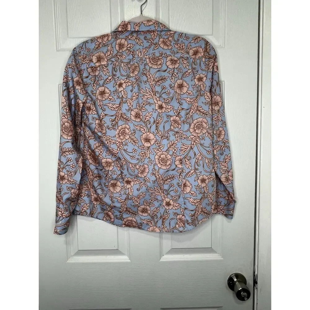 Lands'End Women’s Blue Peach Floral Supima Cotton Button Up Shirt Size 8p Petite - Picture 2 of 11
